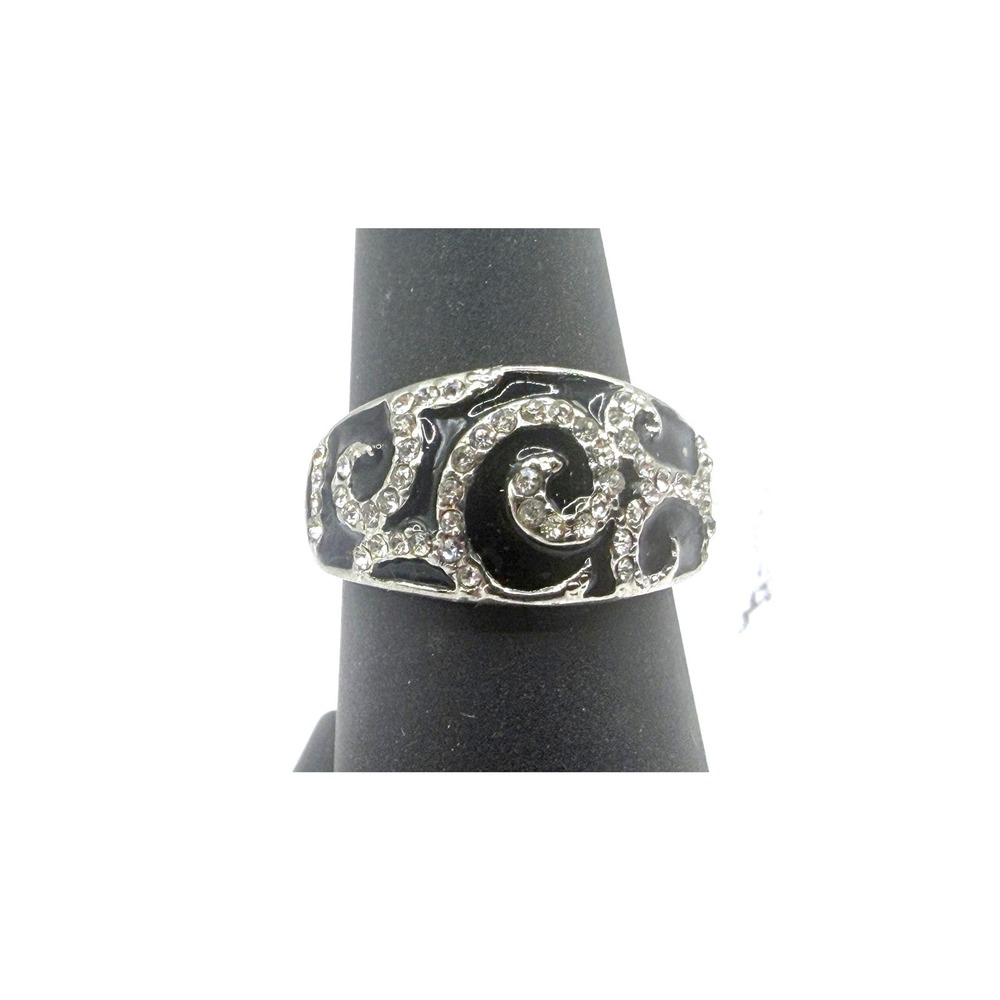 Silver Tone Black Enamel‎ Rhinestone Swirl Ring Size 8 Gothic Statement Jewelry